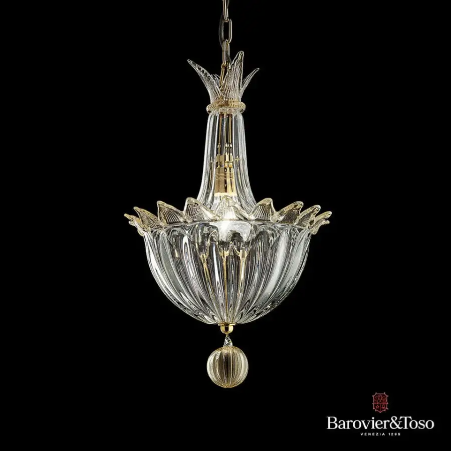 Distinguished Barovier&Toso Fanali Veneziani suspension lamp in clear glossy glass with warm gold accents and ribbed detailing