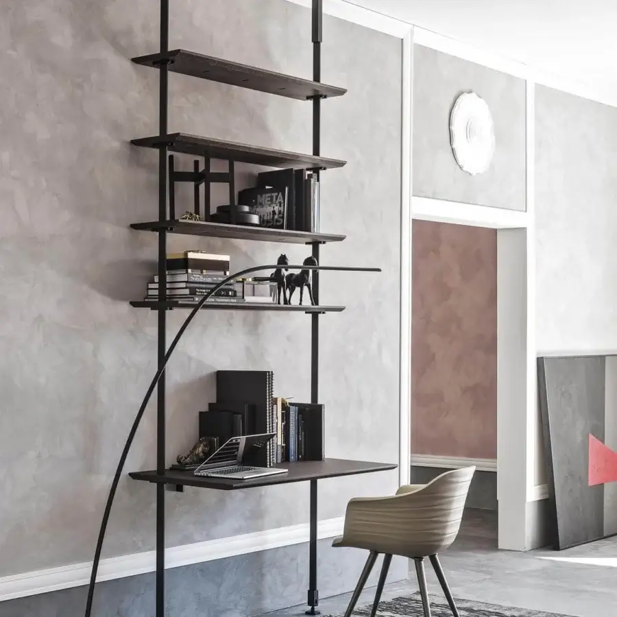 Elegant Cattelan Italia Airport desk with titanium embossed lacquered steel and Canaletto walnut shelves crafted with clean lines