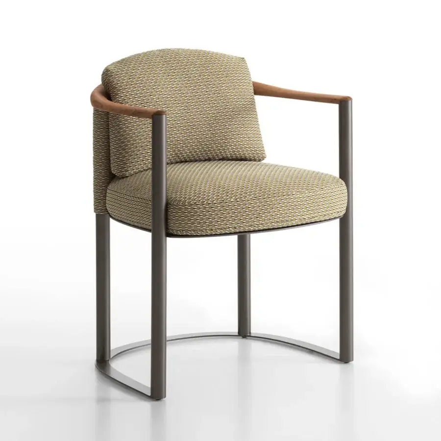 Lavish Giorgetti Moorea armchair with a pewter painted stainless steel frame and textured yellow, beige, brown fabric cushioning