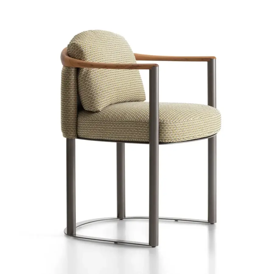 Superior Giorgetti Moorea armchair with pewter painted stainless steel frame and olive green dotted textile upholstery
