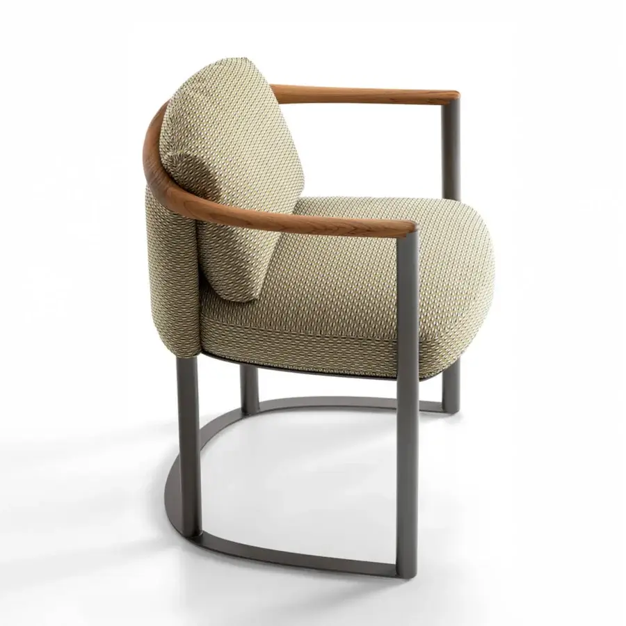 Exclusive Giorgetti Moorea armchair with pewter painted stainless steel frame and textured muted beige fabric upholstery