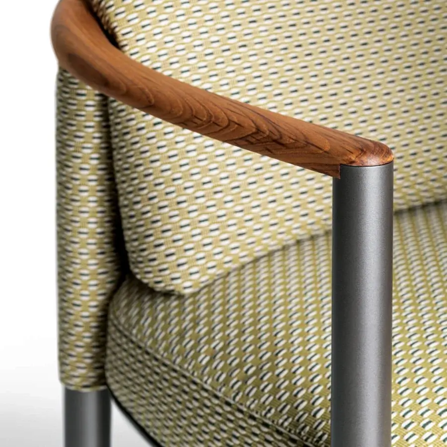 Distinguished Giorgetti Moorea armchair with pewter painted stainless steel frame and muted olive green fabric upholstery