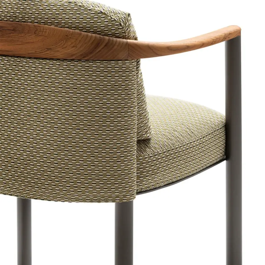 Lavish Giorgetti Moorea armchair with pewter painted stainless steel frame and muted olive green fabric upholstery