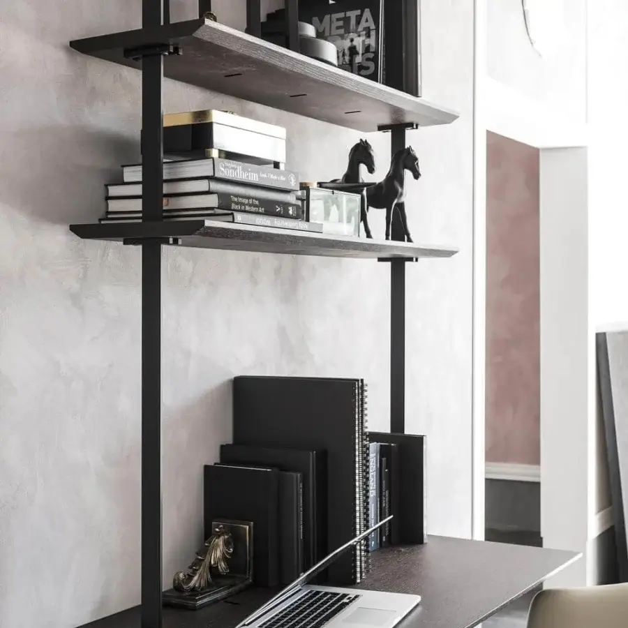 Distinguished Cattelan Italia Airport desk with shelves crafted in Canaletto walnut and black embossed lacquered steel pillars