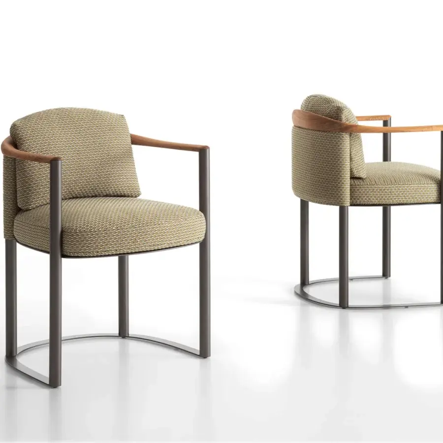 Superior Giorgetti Moorea armchair with pewter painted stainless steel frame and olive green patterned textile upholstery