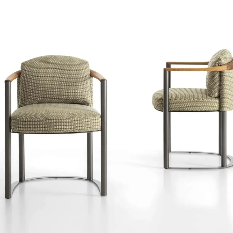 Distinguished Giorgetti Moorea armchair with pewter painted stainless steel frame and textured olive green fabric cushioning