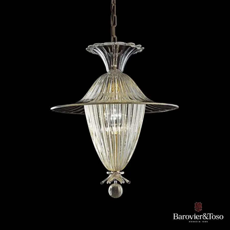 Exclusive Barovier&Toso Fanali Veneziani suspension lamp in ribbed clear glass with silver-toned metal and floral motifs