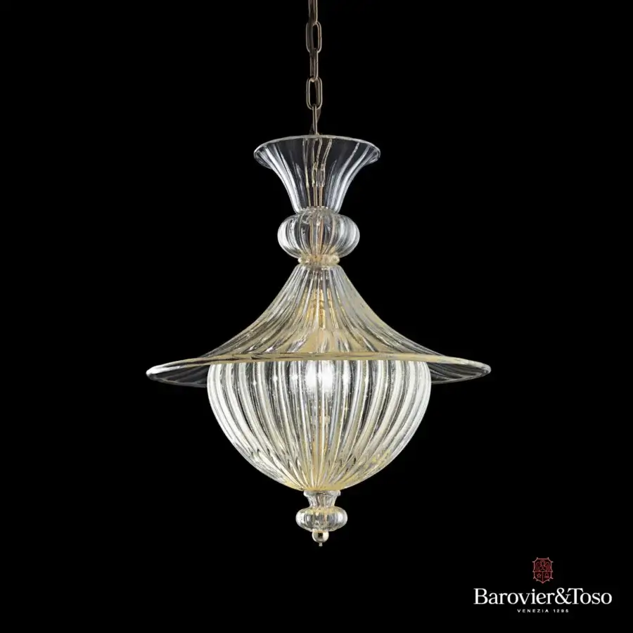 Elegant Barovier&Toso Fanali Veneziani suspension lamp in clear glass with polished silver-toned metal and subtle ribbed detailing