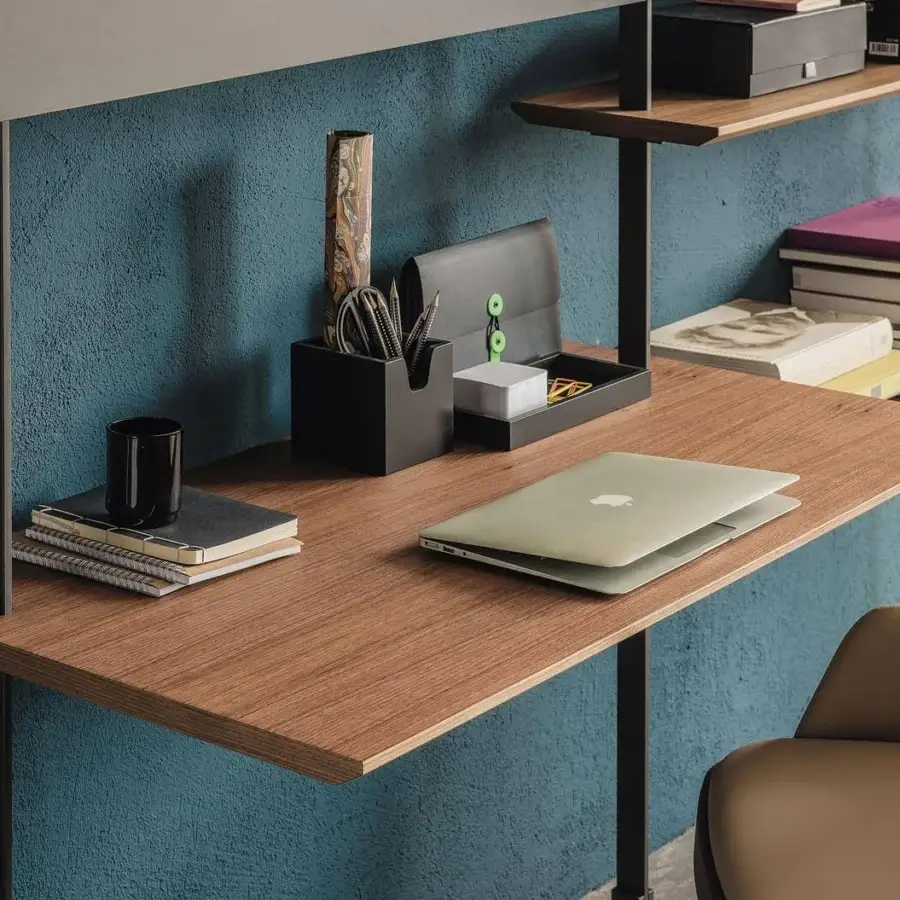 Innovative Cattelan Italia Airport desk with black embossed lacquered steel and warm Canaletto walnut shelves