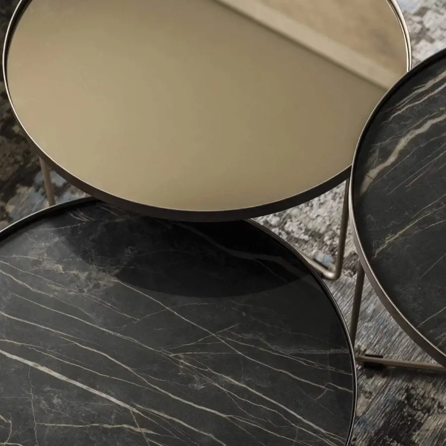 Exceptional Cattelan Italia Billy coffee table with ceramic tops and reflective mirrored crystal in a brushed finish