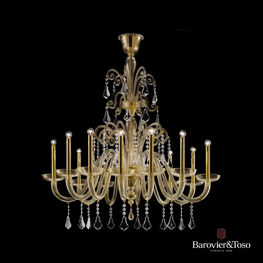 Exquisite Barovier&Toso Izmir chandelier crafted in gilded metal with thousands of gilded specks embedded within blown glass