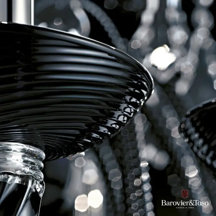 Captivating Barovier&Toso Izmir chandelier crafted in black finish with clear textured Venetian crystal and gilded accents