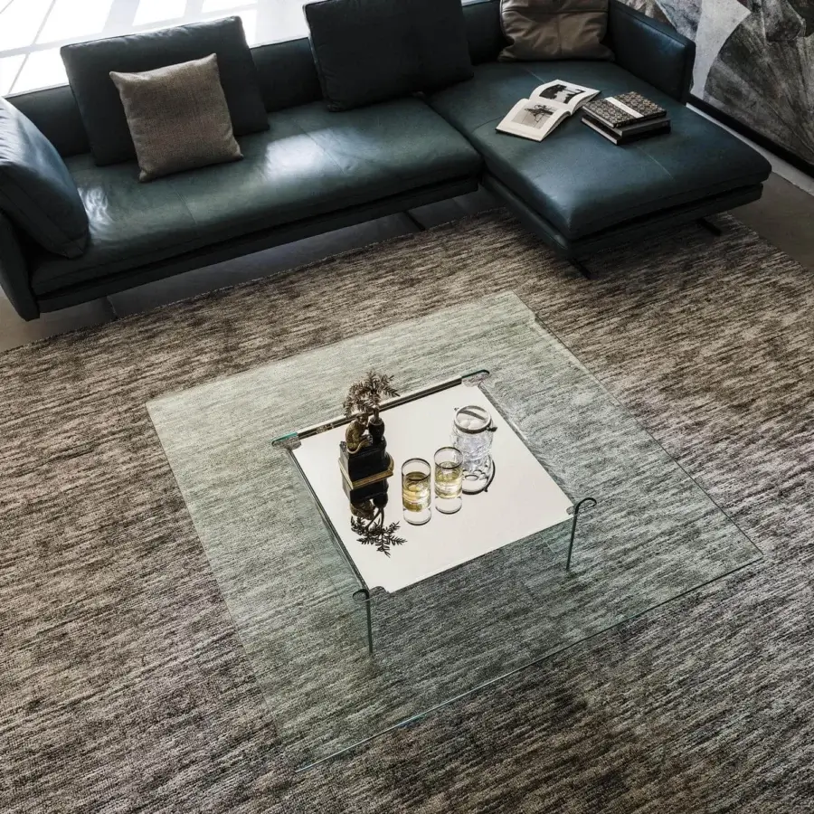 Superior Cattelan Italia Carrè coffee table crafted in clear glass with a glossy finish and stainless steel tray