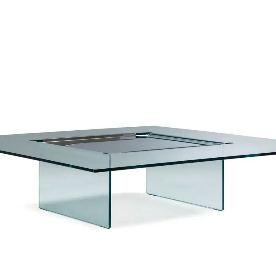 Elegant Cattelan Italia Carrè coffee table built in clear glass with subtle gray reflections and a mirrored square inset