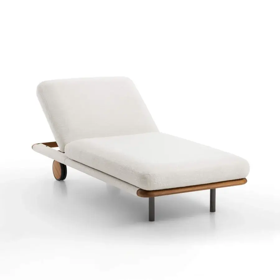 Elegant Giorgetti Moorea lounger crafted with pewter painter stainless steel and painted Teak, featuring removable off-white textured fabric upholstery