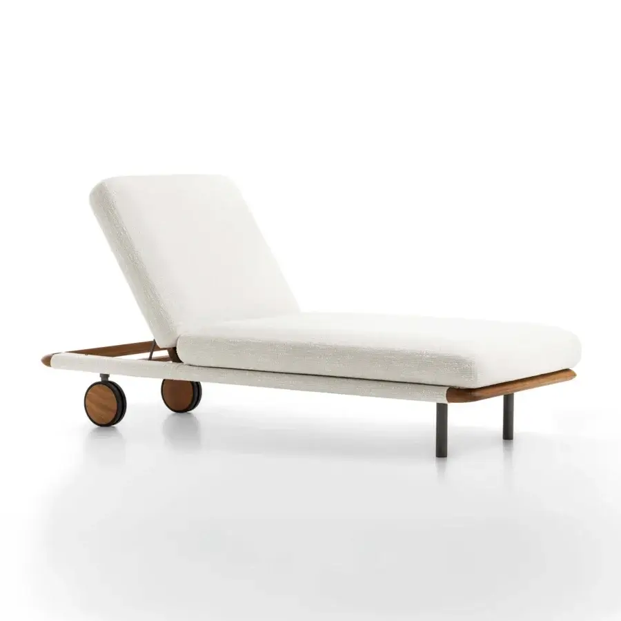 Superior Giorgetti Moorea lounger crafted with pewter painter stainless steel, painted Teak, and textured off-white weather-resistant fabric