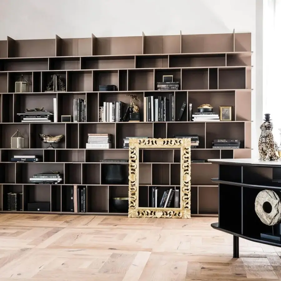 Distinguished Cattelan Italia Wally bookcase crafted in graphite lacquered embossed MDF with a medium-brown cubical compartment grid