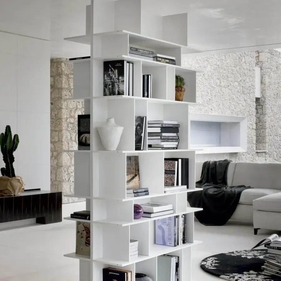 Elegant Cattelan Italia Wally bookcase crafted in white lacquered embossed MDF with an asymmetrical geometric silhouette