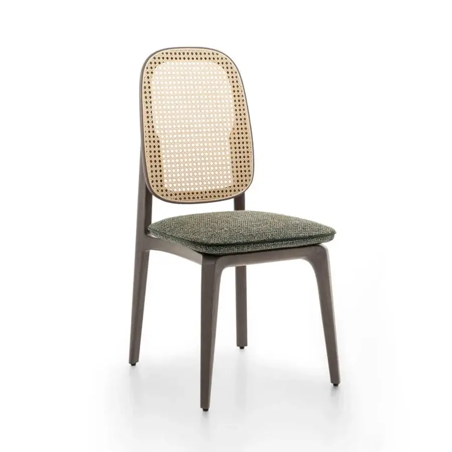 Sophisticated Giorgetti Plume chair with solid ash wood, dark green textile upholstery and woven Viena straw backrest in satin finish