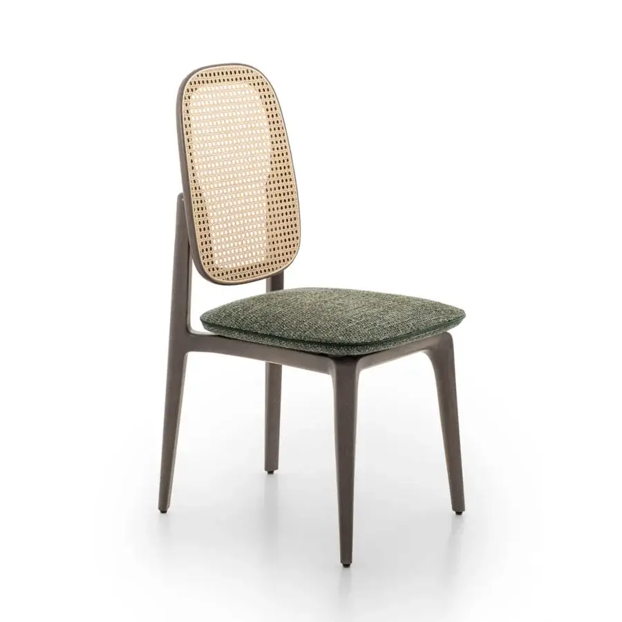 Lavish Giorgetti Plume chair with solid ash wood, textured green textile upholstery and Viena straw backrest in a matte brown finish