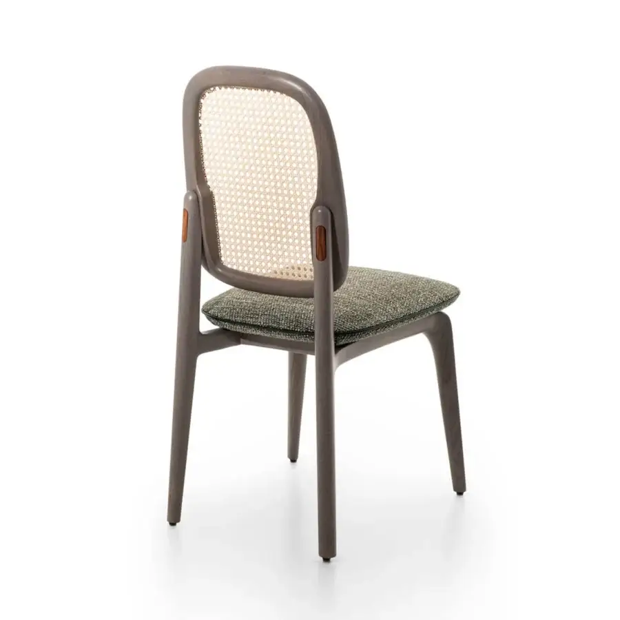 Distinguished Giorgetti Plume chair with solid ash wood, textured dark green textile and Viena straw backrest crafted with Pau Ferro plaques