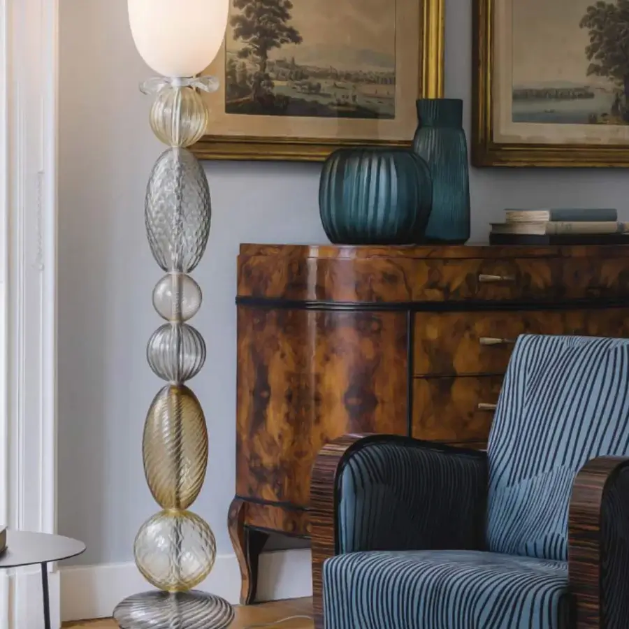 Distinguished Barovier&Toso Perseus floor lamp crafted in clear, amber, and smoky grey Venetian crystal with a pale gold glossy lampshade