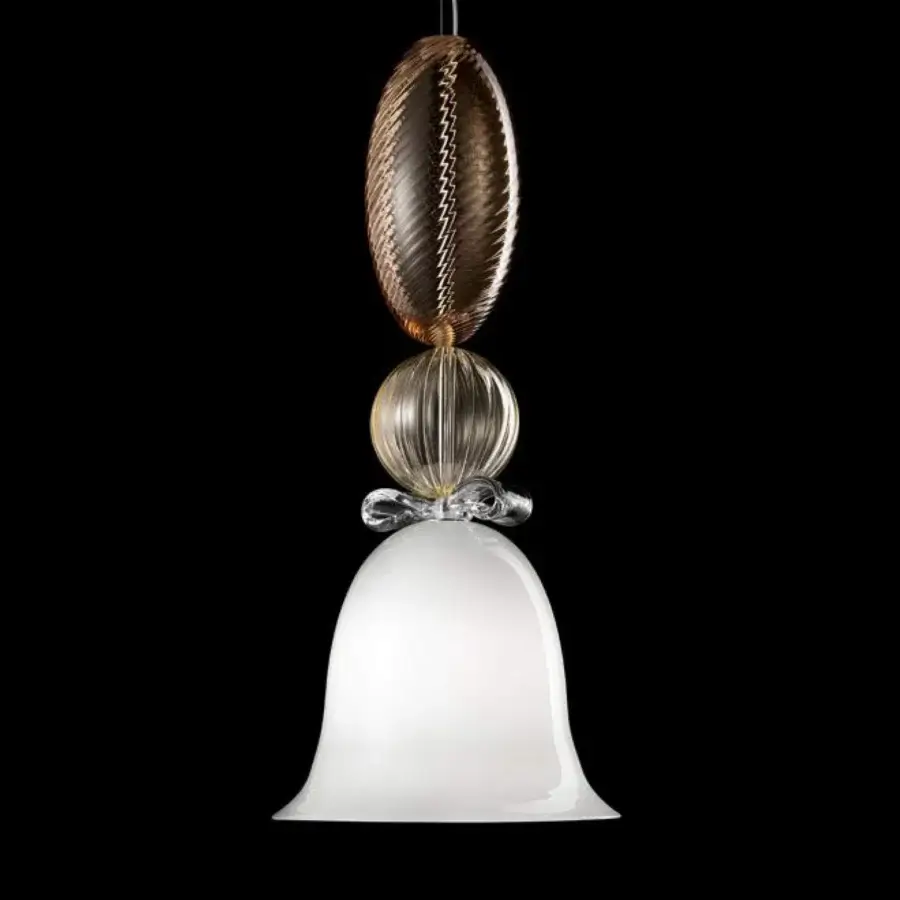 Distinguished Barovier&Toso Perseus suspension lamp crafted in translucent creamy white and amber Venetian crystal with a light-colored diffuser