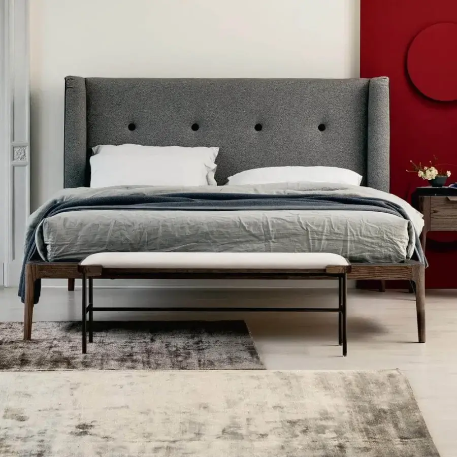 Elegant Porada Astol bench with solid Ash wood seat and metal base in bronze finish, upholstered in light textile