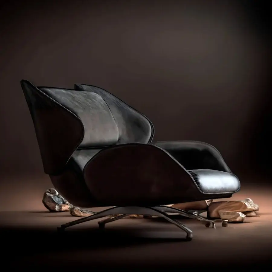 Superior WAYNE Enterprises WE-015 lounge chair with smooth textured leather upholstery and polished metal base