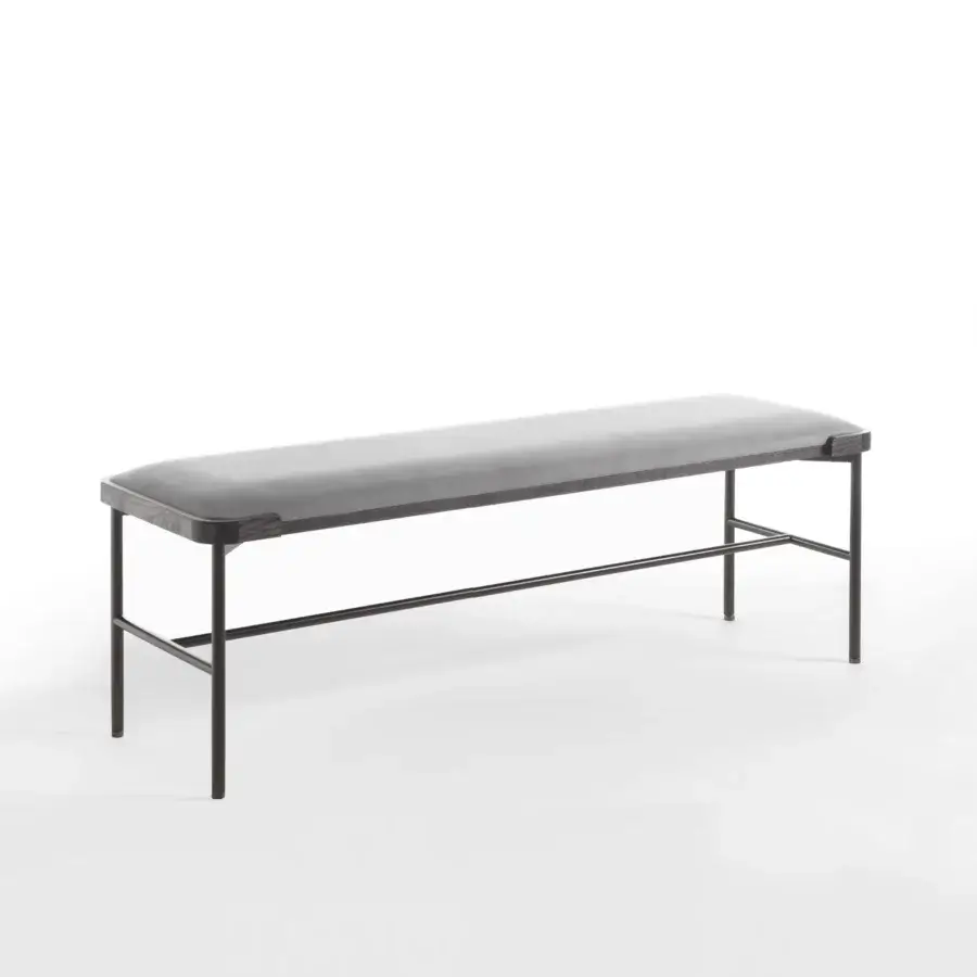Captivating Porada Astol bench with gray textile upholstery and dark bronze finished ash wood frame