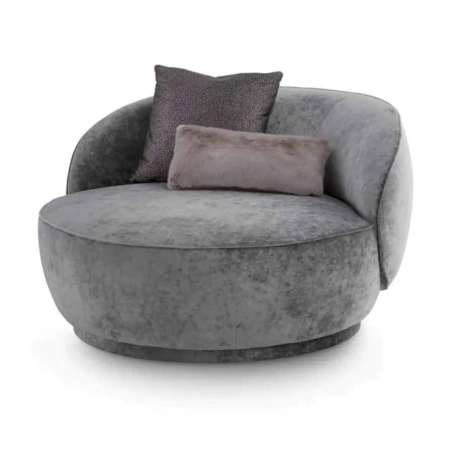 Superior Sicis Prestige Lounge chair with organically shaped form upholstered in soft muted gray textured textile and plush finish