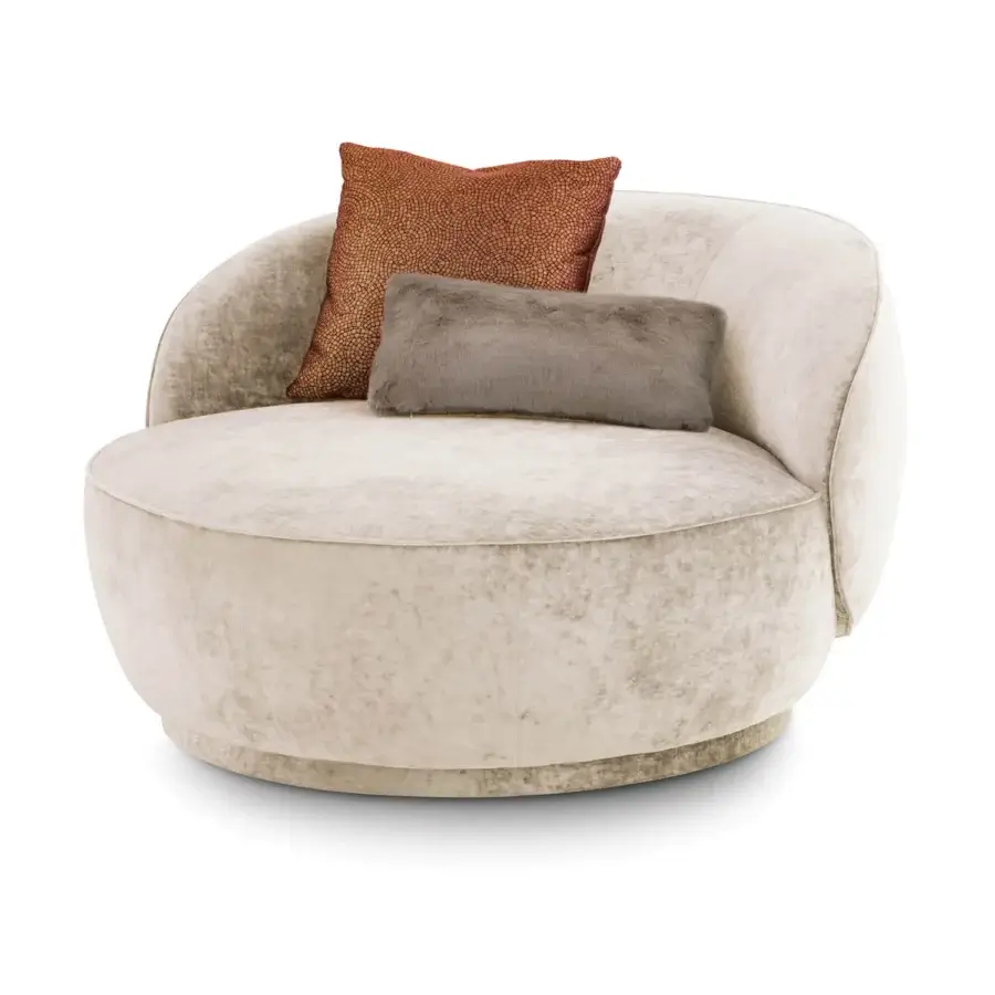 Exclusive Sicis Prestige Lounge chair with enveloping oval shape upholstered in comfortable creamy beige textured fabric