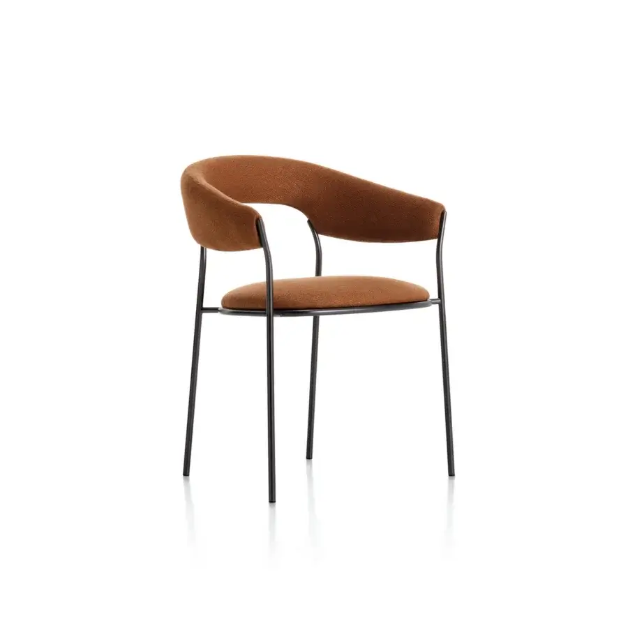Distinguished MDF Italia Archie armchair with gently curved silhouette upholstered in earthy brown textile and matte metal legs