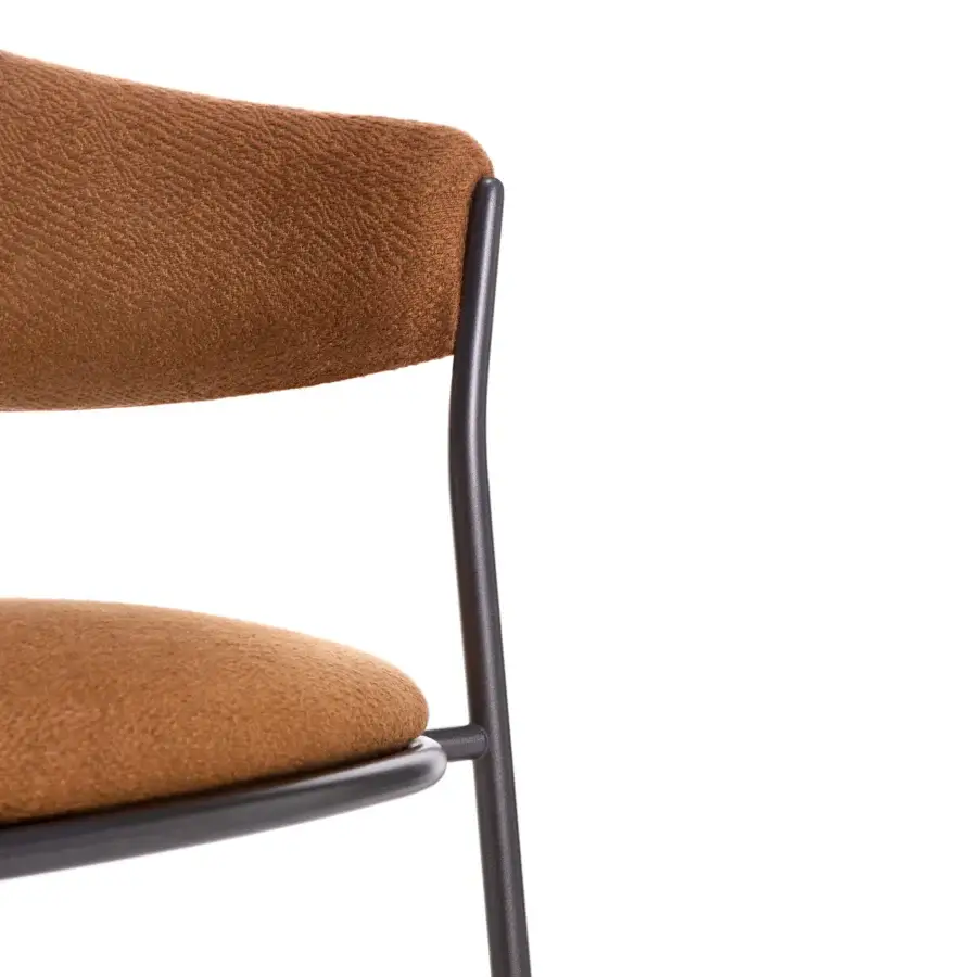 Exceptional MDF Italia Archie armchair with seamlessly curved backrest upholstered in warm earthy brown textured textile and matte dark metal frame