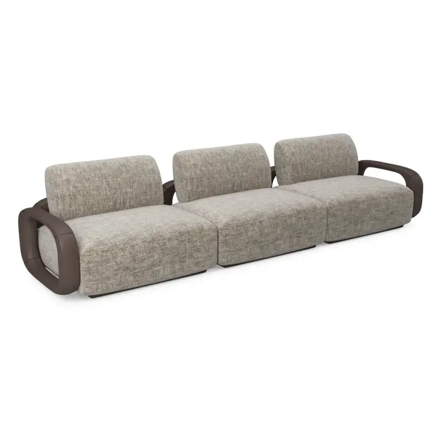 Exceptional Sicis Liberti sofa crafted with textured neutral gray textile upholstery and solid timber detailing