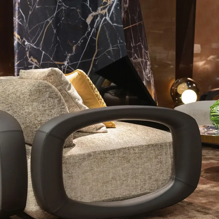 Exceptional Sicis Liberti sofa with organically curved forms and dark brown solid timber armrests upholstered in muted beige textile