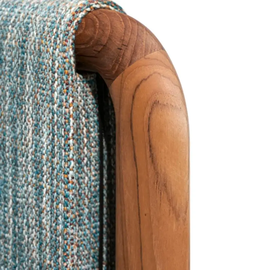 Superior Giorgetti Moorea sofa with pewter painted stainless steel, teak inserts and vibrant woven upholstery