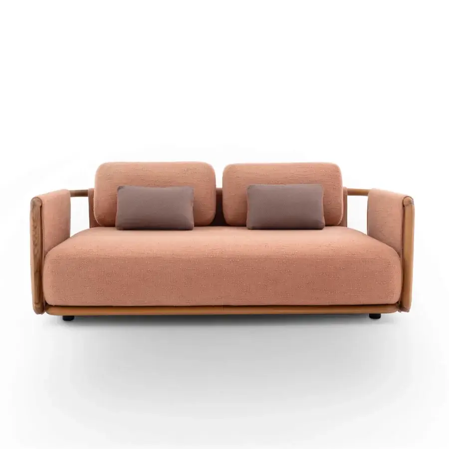 Exceptional Giorgetti Moorea sofa crafted with pewter painted stainless steel, teak inserts and muted coral textile upholstery