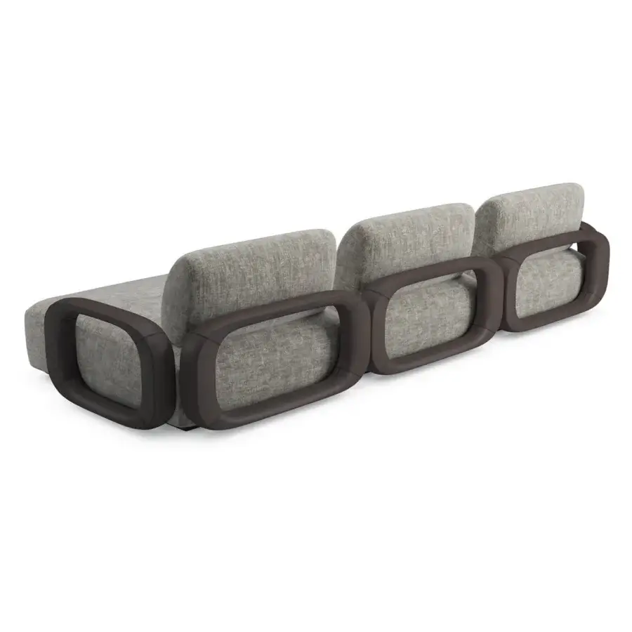 Elegant Sicis Liberti sectional upholstered in textured light gray textile with a dark brown timber frame