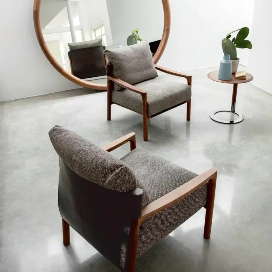 Superior Porada Vera lounge chair with Canaletto walnut frame and mottled gray woven textile upholstery