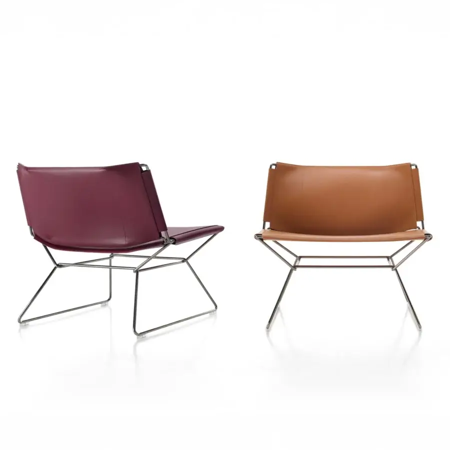 Superior MDF Italia Neil lounge chair with a steel wire frame and full-grain burgundy leather meticulously crafted with tone-on-tone dyed edges
