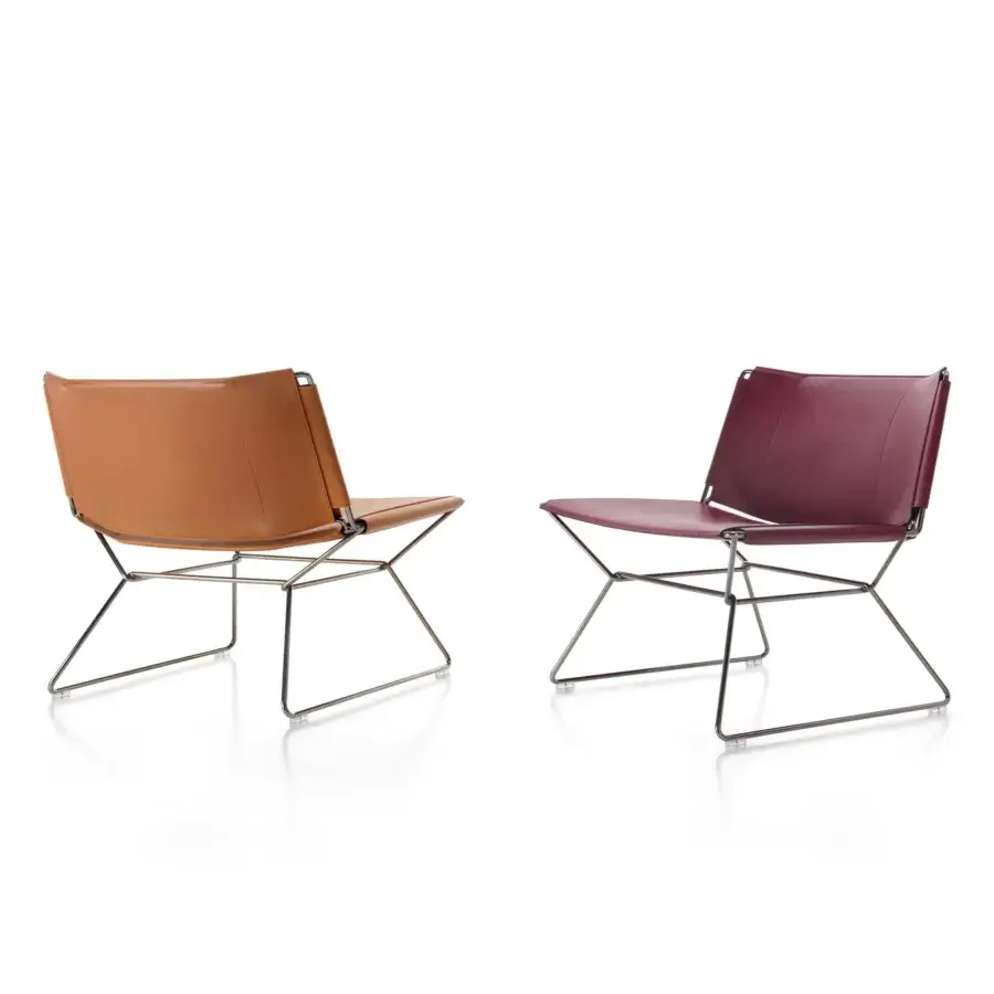Exceptional MDF Italia Neil lounge chair with a steel wire frame and full-grain brown leather, handcrafted with tone-on-tone dyed edges