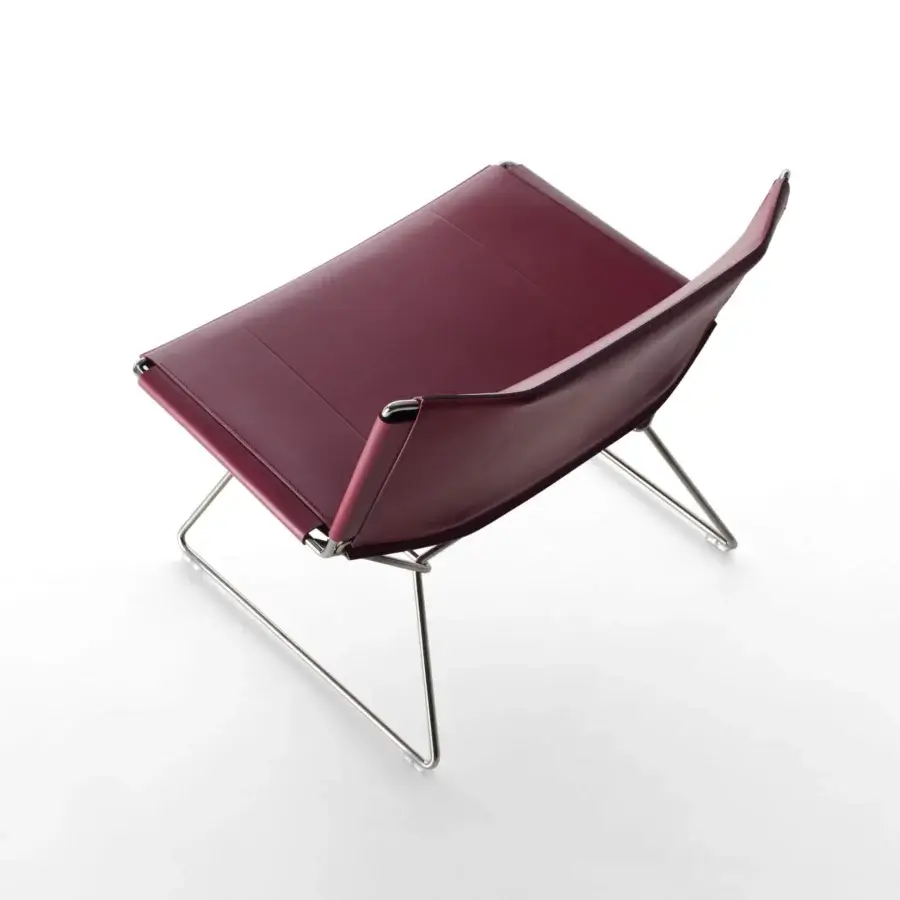 Exceptional MDF Italia Neil lounge chair in reddish-burgundy full-grain leather with a polished metal base and steel wire frame