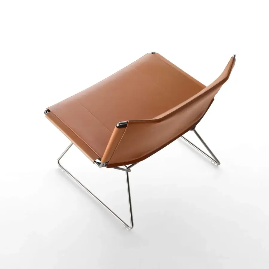 Refined MDF Italia Neil lounge chair in medium brown full-grain leather with a polished steel wire frame