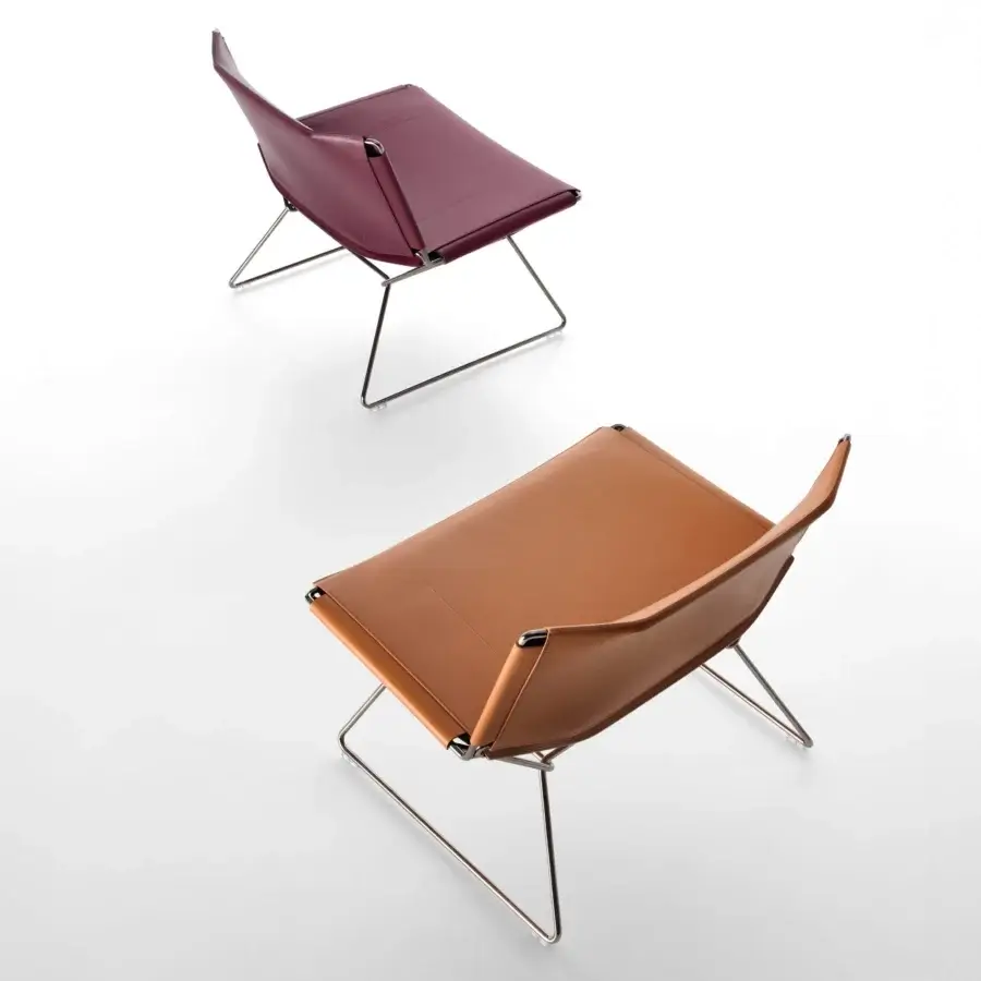 Superior MDF Italia Neil lounge chair in reddish-brown full-grain leather with a sleek steel wire frame and dyed edges