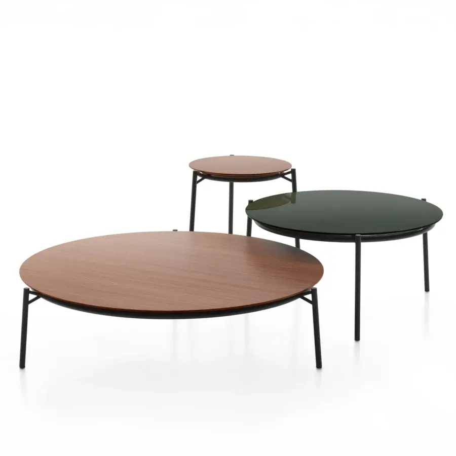 Distinguished MDF Italia Cantle low coffee & side table with Canaletto walnut tabletop and slender black steel frame in satin finish
