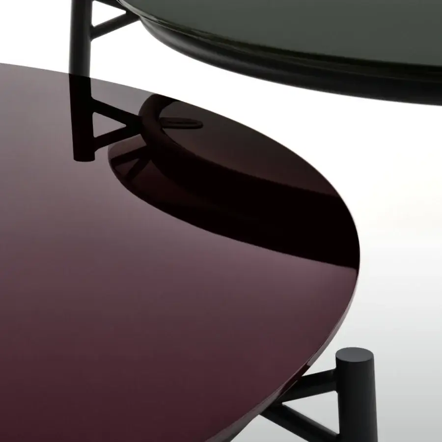 Distinguished MDF Italia Cantle low coffee & side table with glossy greenish-grey and reddish-purple lacquered tops plus matte black steel frame