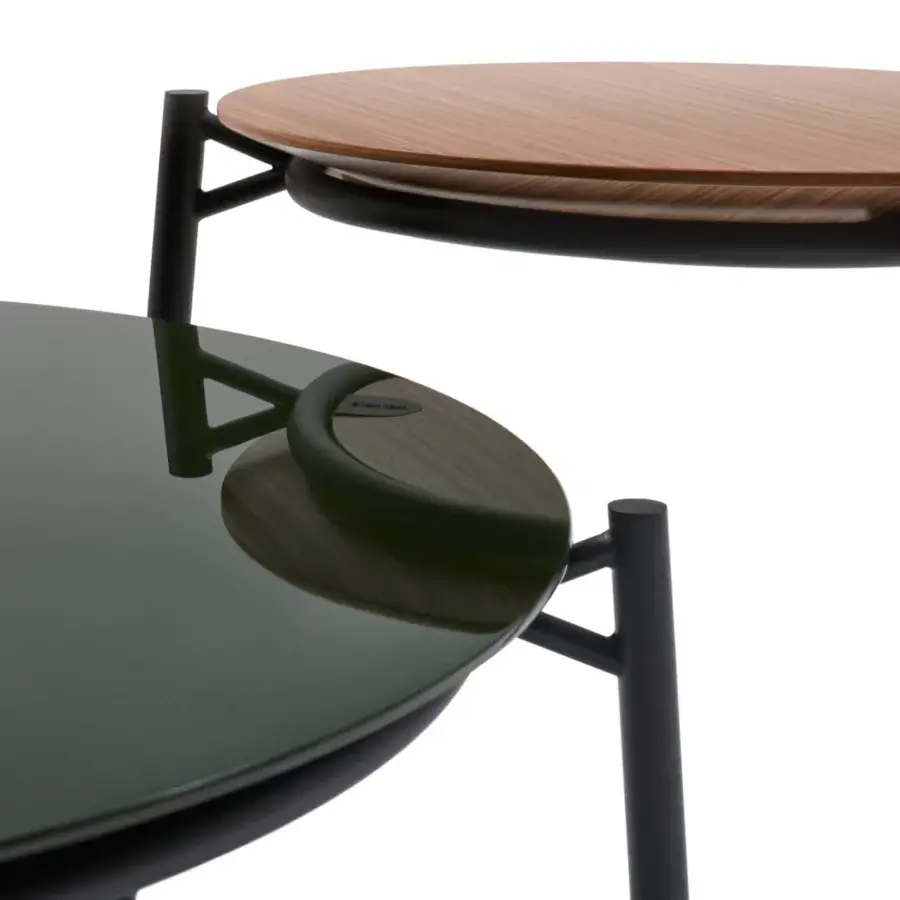 Exceptional MDF Italia Cantle low coffee & side table with Canaletto walnut and glossy muted green surfaces built with a matte black steel frame