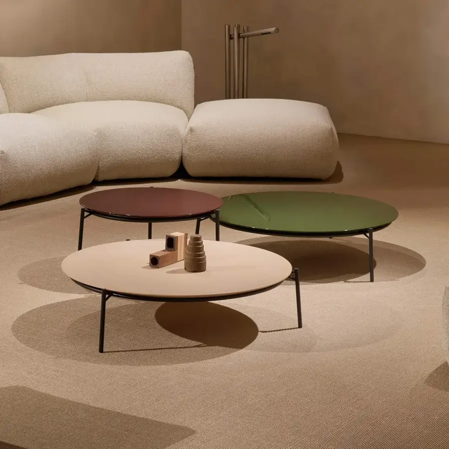 Elegant MDF Italia Cantle low coffee & side table with glossy lacquered muted green tabletop and slender black steel frame