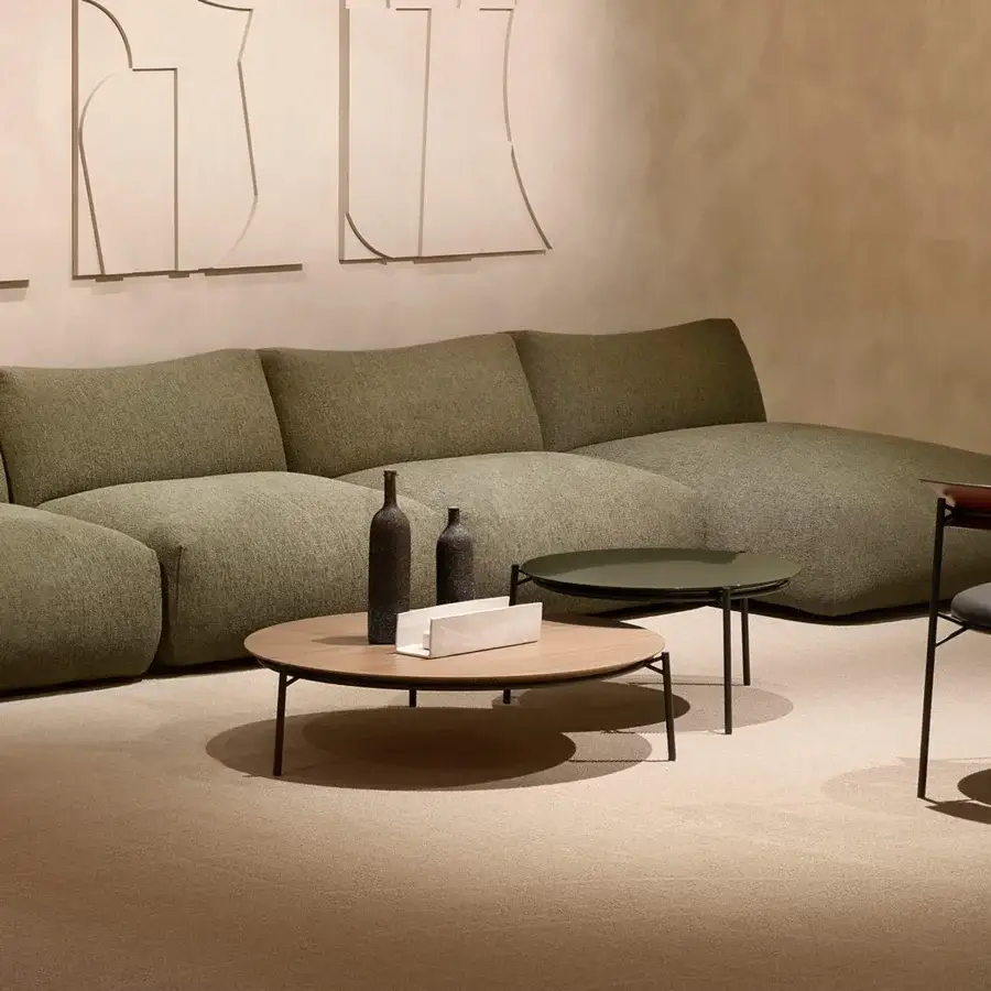 Superior MDF Italia Cantle low coffee & side table with Canaletto walnut and tinted glass in a matte black steel frame